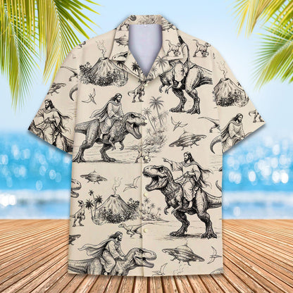 Front view of the funny faith dinosaur Hawaiian shirt in beige