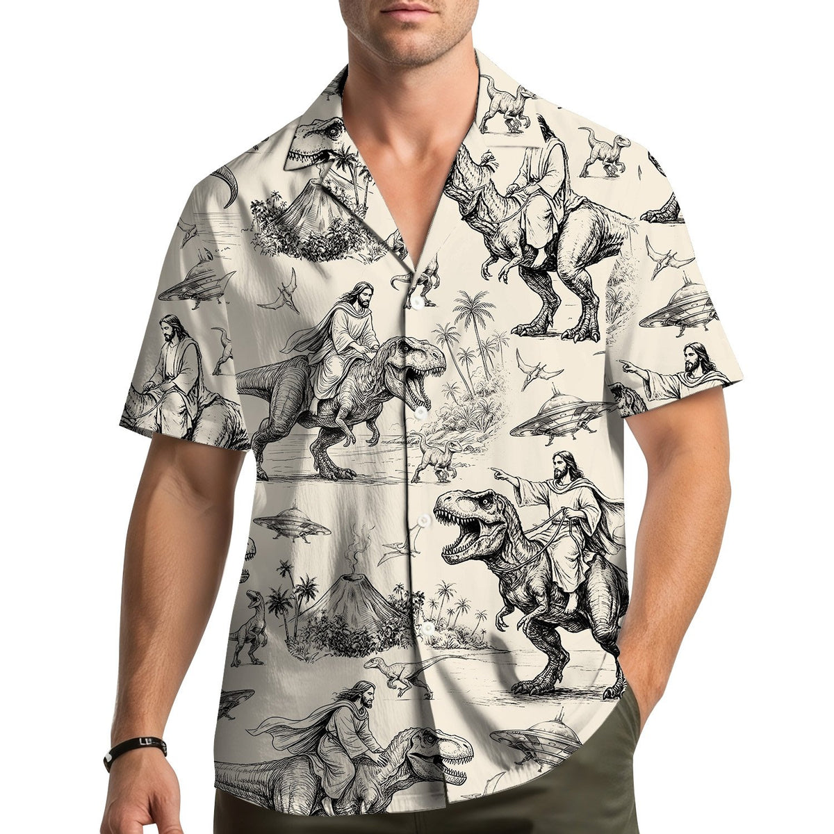 Lifestyle view of a person wearing the funny faith dinosaur Hawaiian shirt in beige
