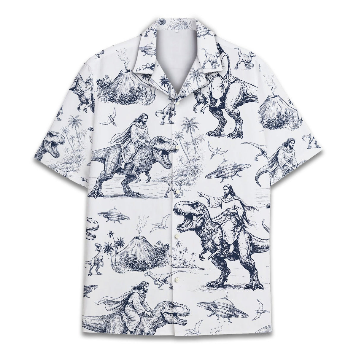 Front view of the funny faith dinosaur Hawaiian shirt in navy