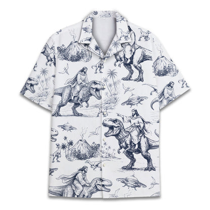 Front view of the funny faith dinosaur Hawaiian shirt in navy