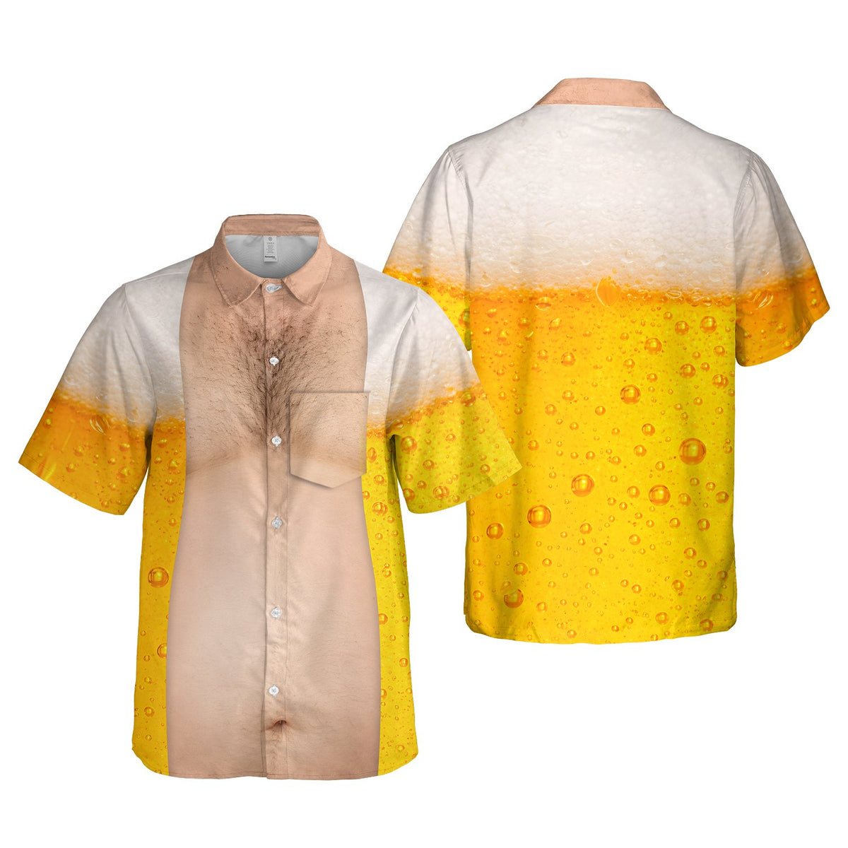 Close-up of the hairy chest design on the hawaiian shirt