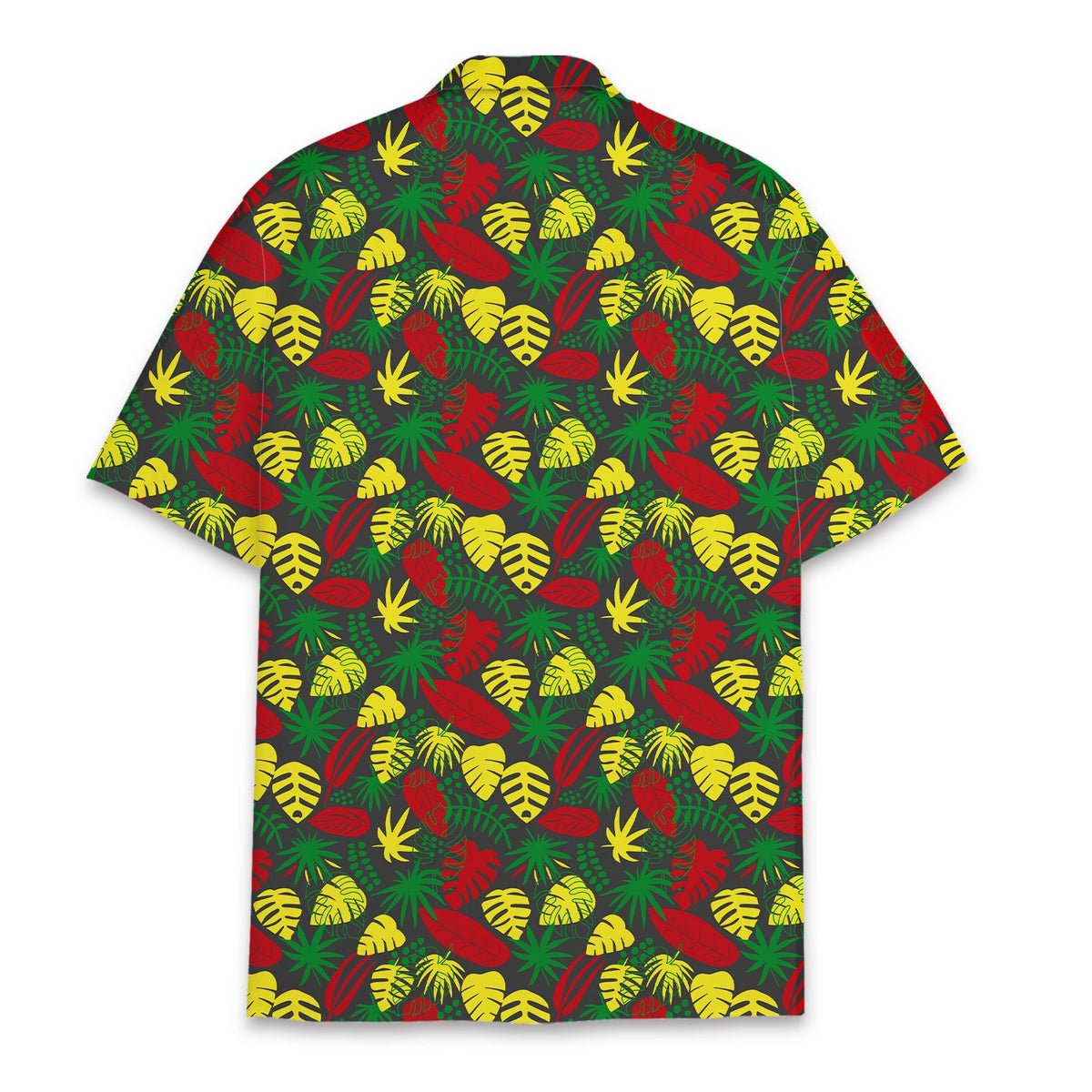 Back view of the tropical hawaiian shirt showcasing the red, yellow, and green leaf pattern on a dark grey background
