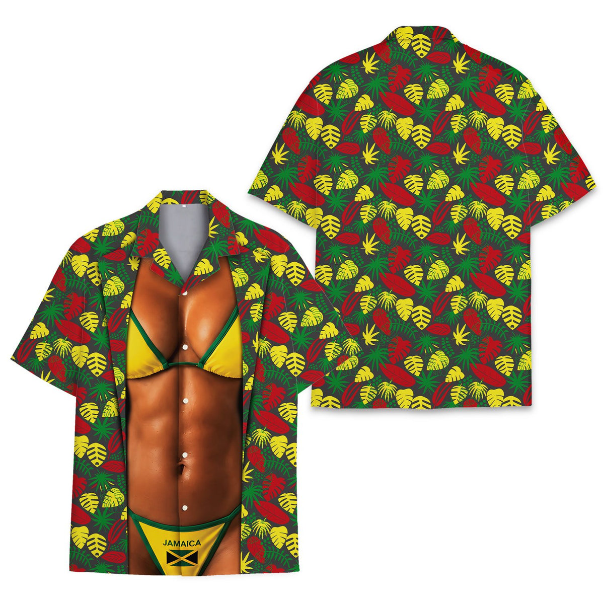 Funny gag tropical hawaiian shirt featuring a Jamaica bikini torso design on a dark grey background, main view