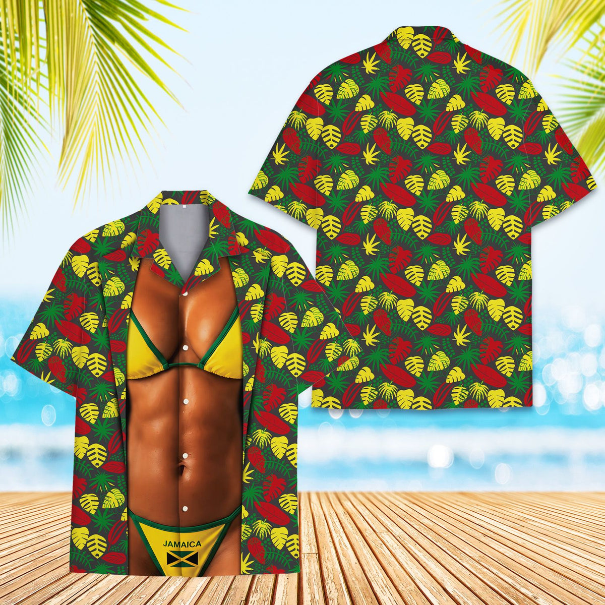 Third lifestyle view showing the vibrant tropical leaf design on the sleeves and side panels