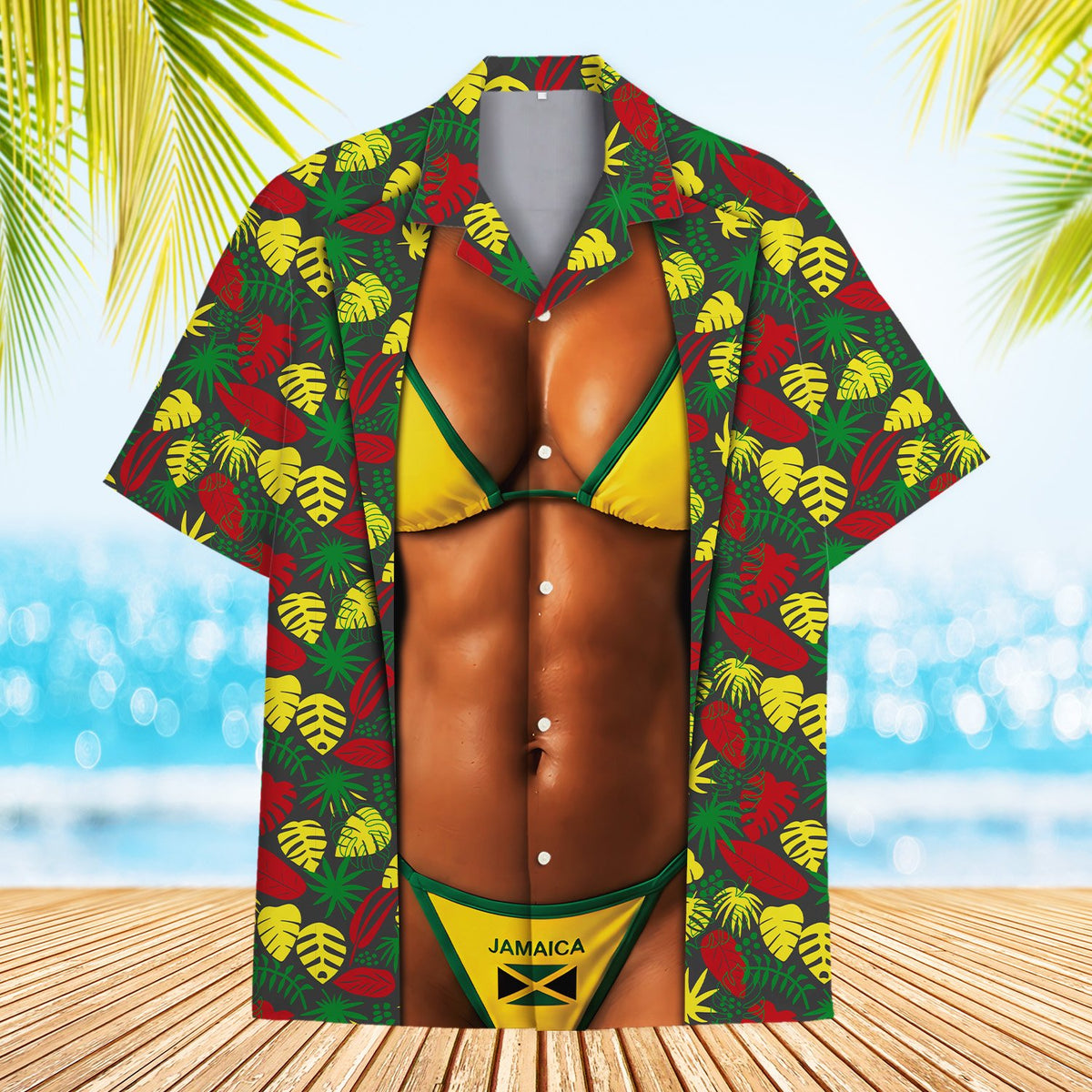 Lifestyle view of someone wearing the funny Jamaica bikini hawaiian shirt outdoors