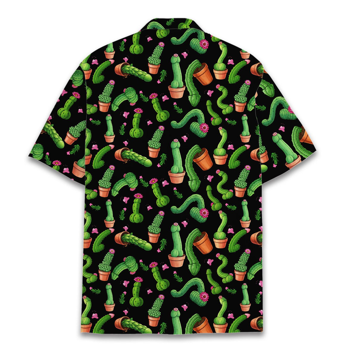Funny humor Hawaiian shirt with potted cacti design on black background, back view