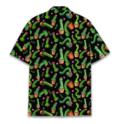 Funny humor Hawaiian shirt with potted cacti design on black background, back view