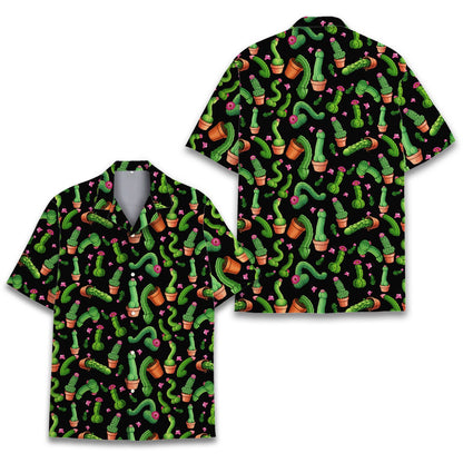 Funny humor Hawaiian shirt with potted cacti design on black background, front view detail