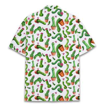 Funny humor Hawaiian shirt with potted cacti design on white background, alternate back view