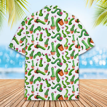 Funny humor Hawaiian shirt with potted cacti design on white background, back view