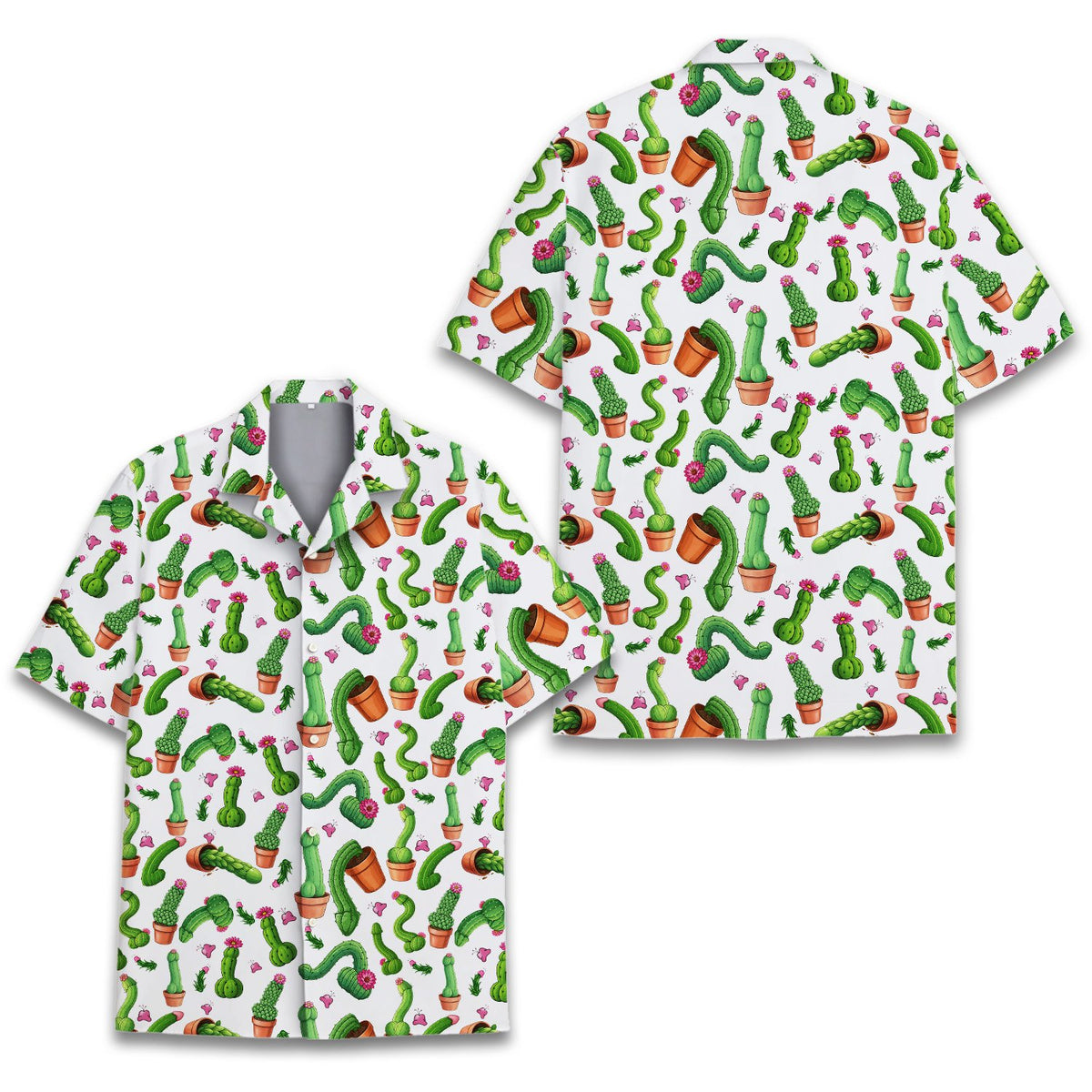 Funny humor Hawaiian shirt with potted cacti design on white background, front view detail