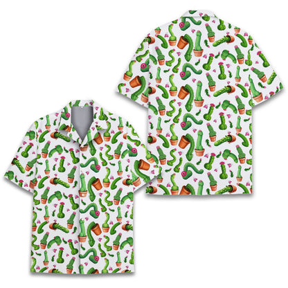Funny humor Hawaiian shirt with potted cacti design on white background, front view detail