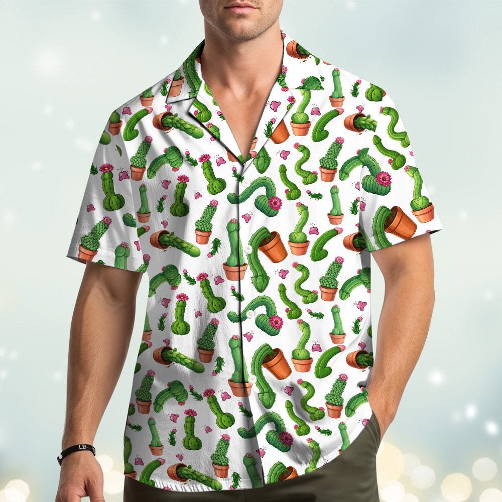 Close-up lifestyle view of an adult wearing the funny humor Hawaiian shirt with potted cacti design on a white background