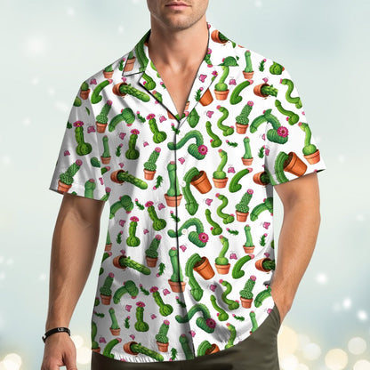 Close-up lifestyle view of an adult wearing the funny humor Hawaiian shirt with potted cacti design on a white background