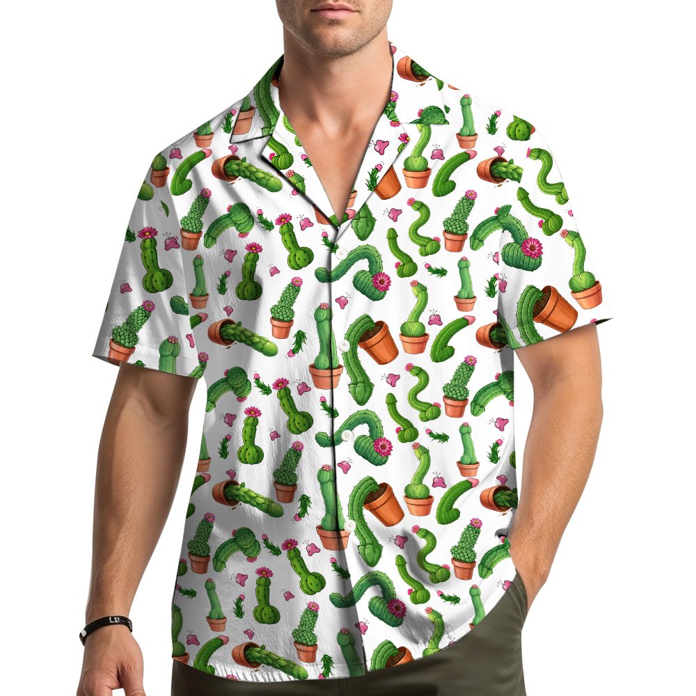 Lifestyle view of an adult wearing the funny humor Hawaiian shirt with potted cacti design on a white background