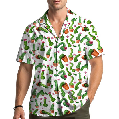 Lifestyle view of an adult wearing the funny humor Hawaiian shirt with potted cacti design on a white background