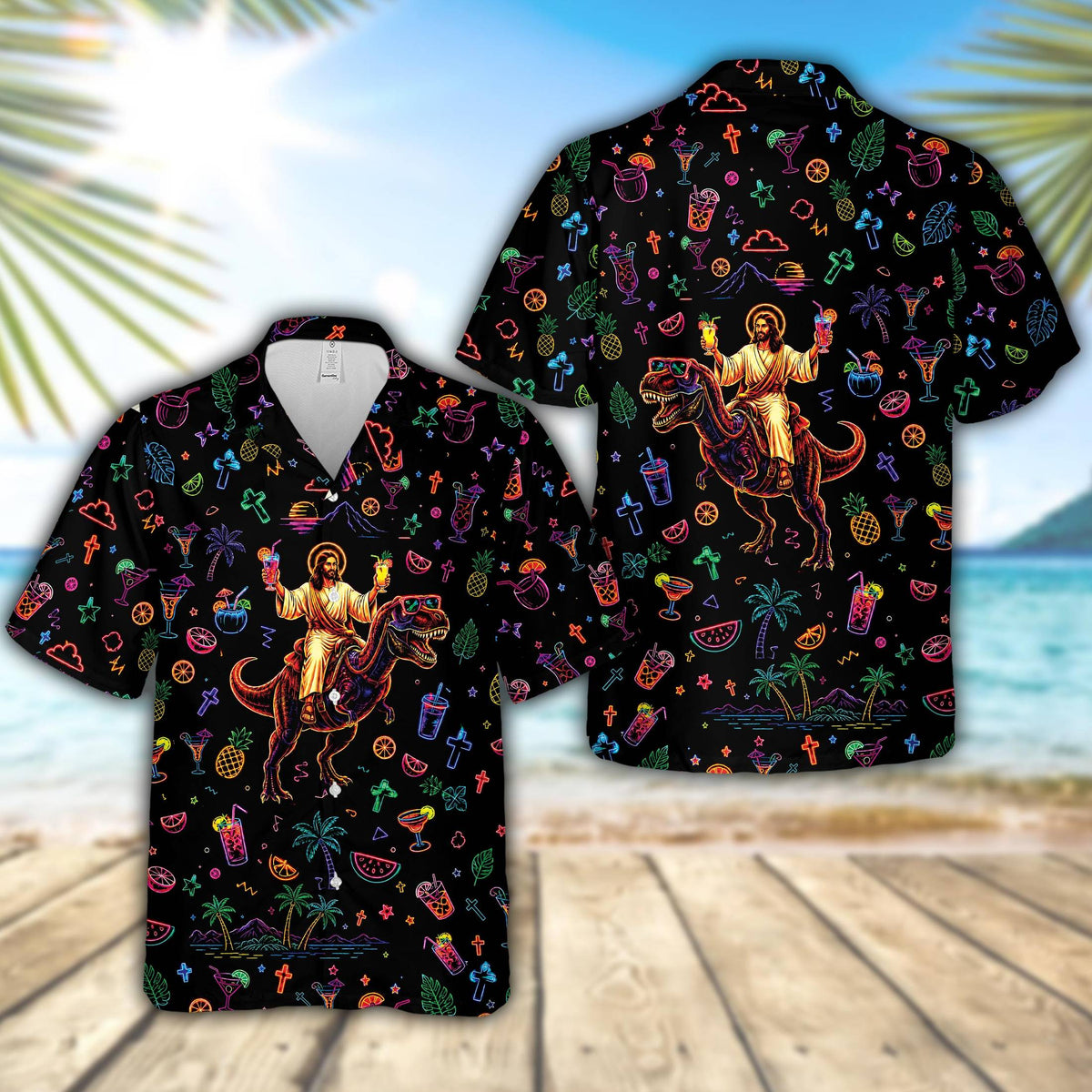 Black funny hawaiian shirt with neon Jesus riding a T-Rex design, front view