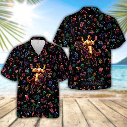 Black funny hawaiian shirt with neon Jesus riding a T-Rex design, front view