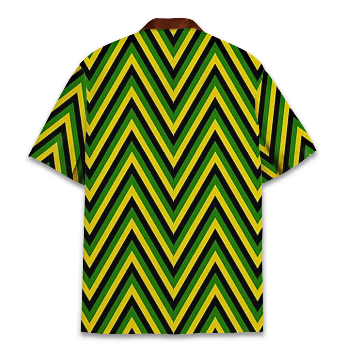 Funny hawaiian shirt with muscular chest illusion and green zigzag pattern, alternate back view