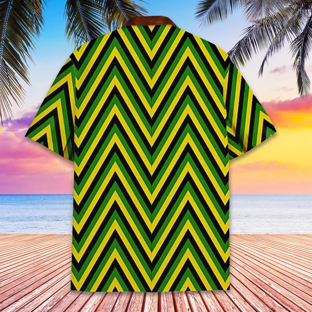Funny hawaiian shirt with muscular chest illusion and green zigzag pattern, back view