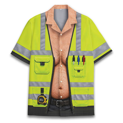 Detailed front view of the matching family hawaiian shirts with neon yellow vest design