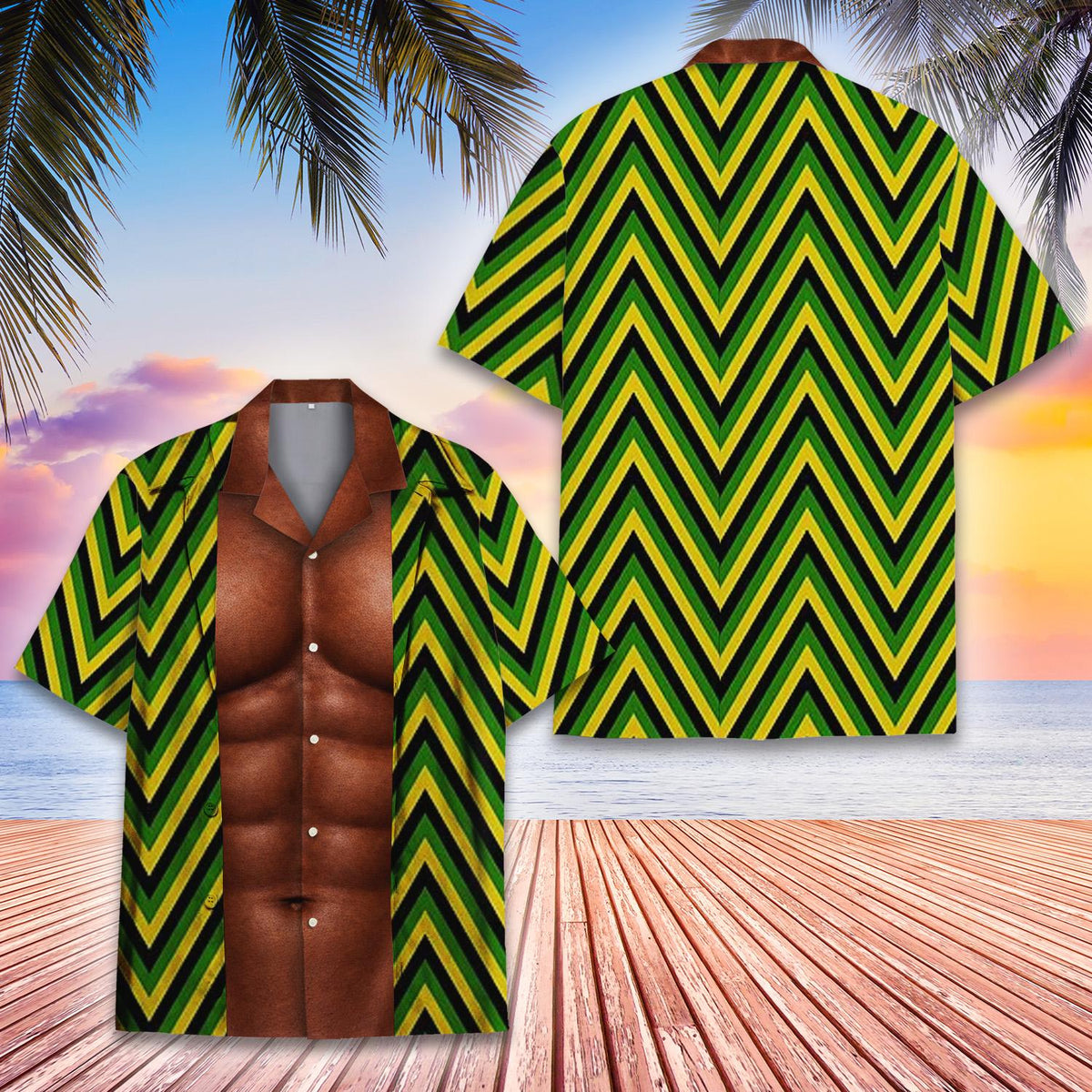 Funny hawaiian shirt with muscular chest illusion and green zigzag pattern, alternate front view 1