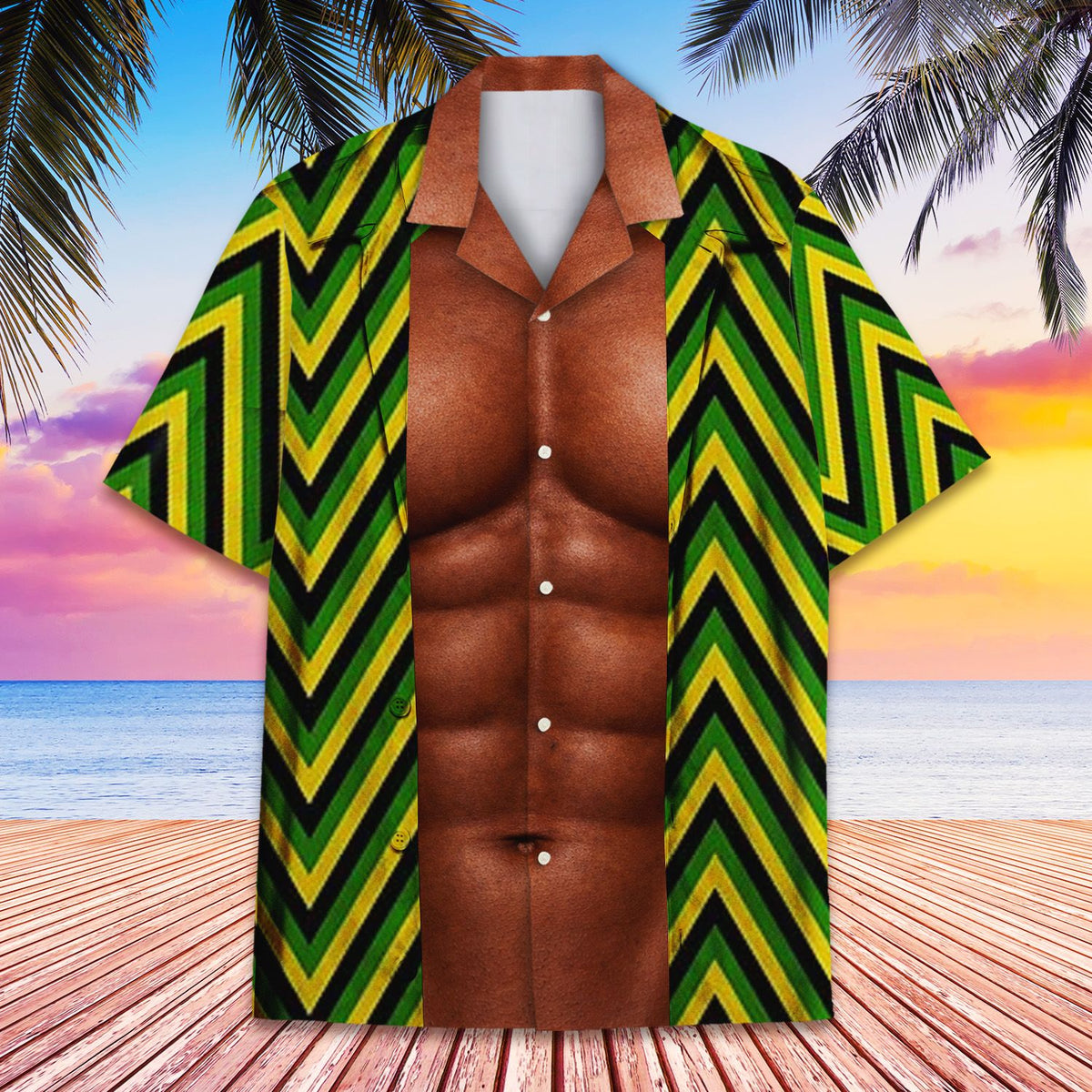 Funny hawaiian shirt with muscular chest illusion and green zigzag pattern, alternate front view 2