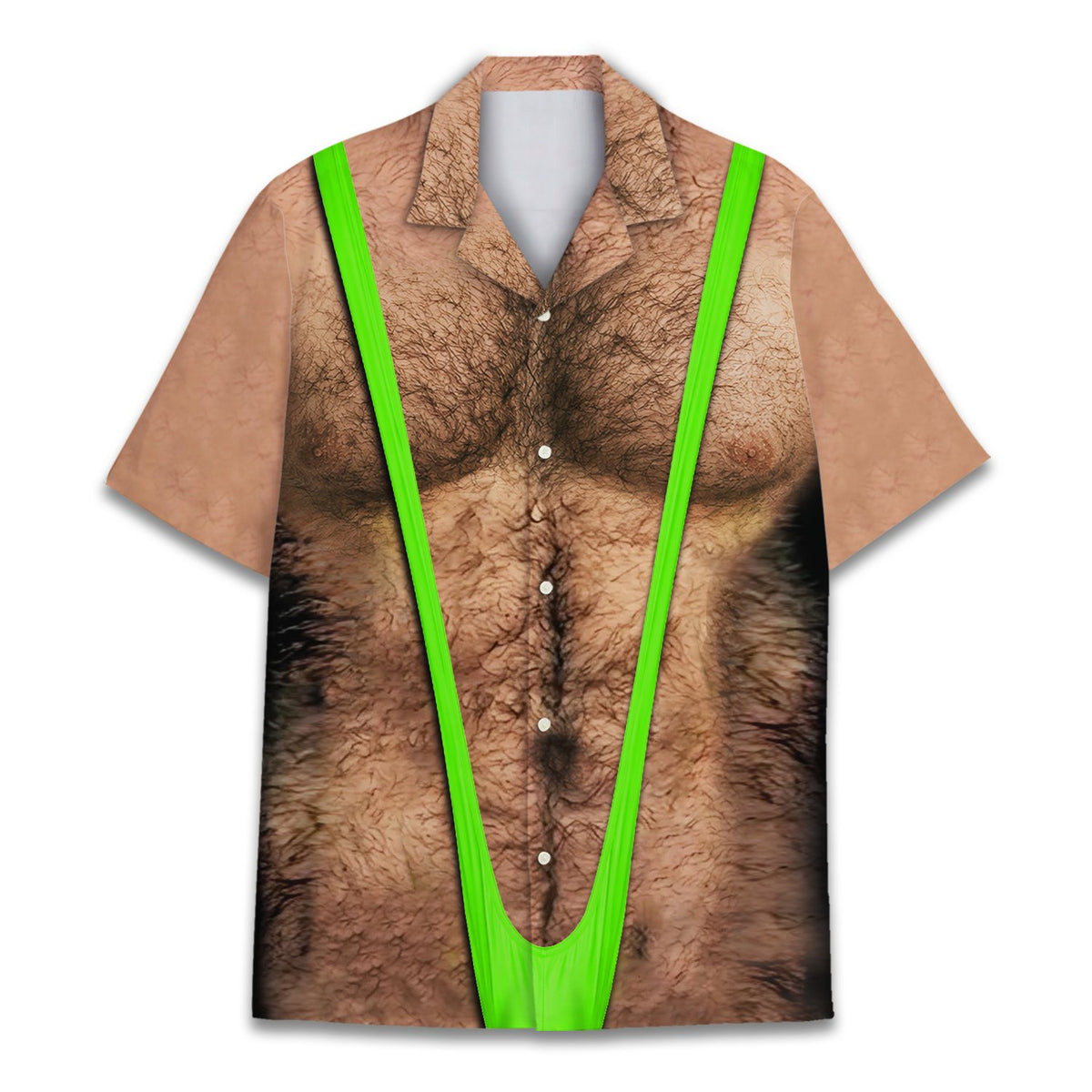Another front angle of the hairy torso gag hawaiian shirt