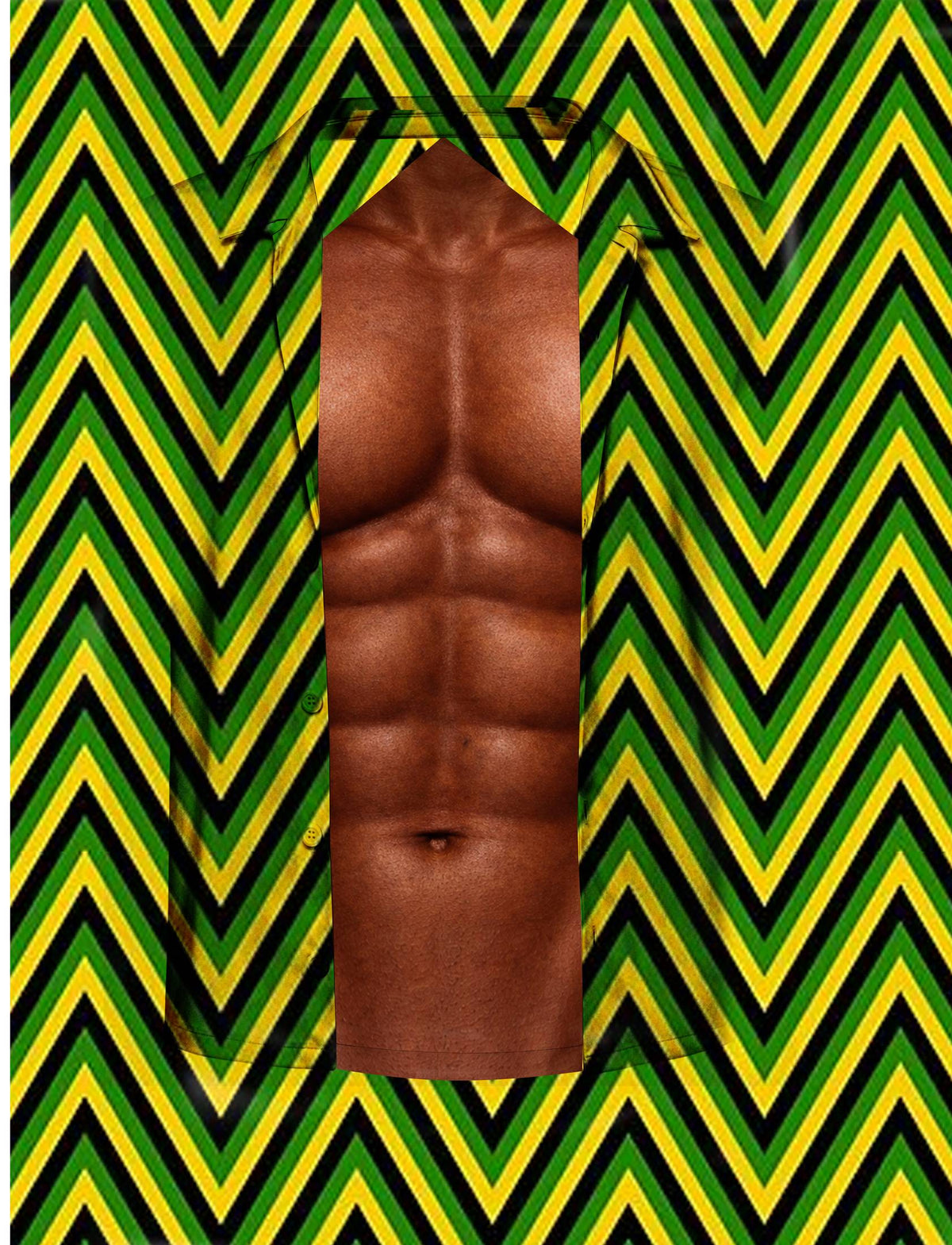 Funny hawaiian shirt with muscular chest illusion and green zigzag pattern, alternate front view 3