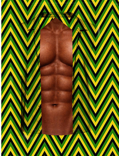 Funny hawaiian shirt with muscular chest illusion and green zigzag pattern, alternate front view 3