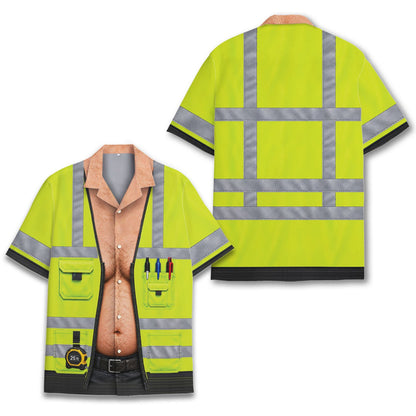 Another front view of the neon yellow construction vest hawaiian shirt