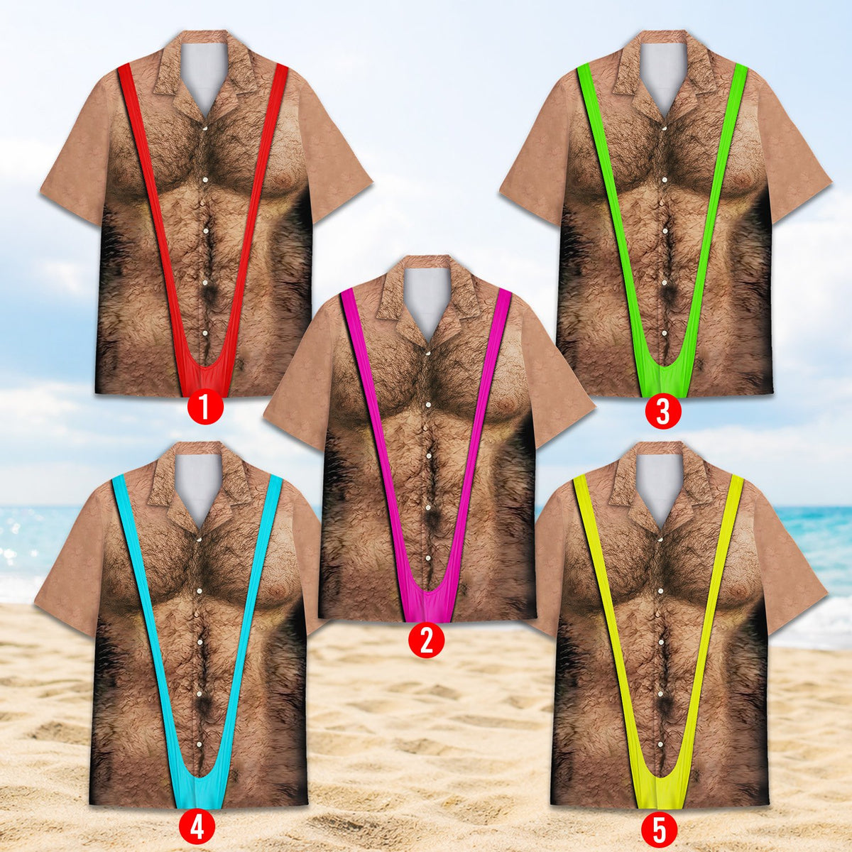 Additional front view of the beige photo print hawaiian shirt