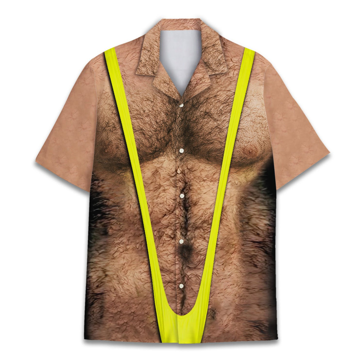 Front view showing the bright mankini graphic on the hawaiian shirt