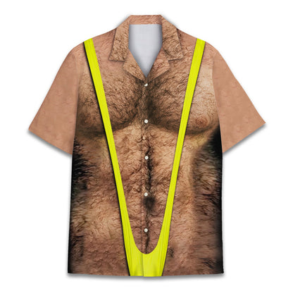 Front view showing the bright mankini graphic on the hawaiian shirt