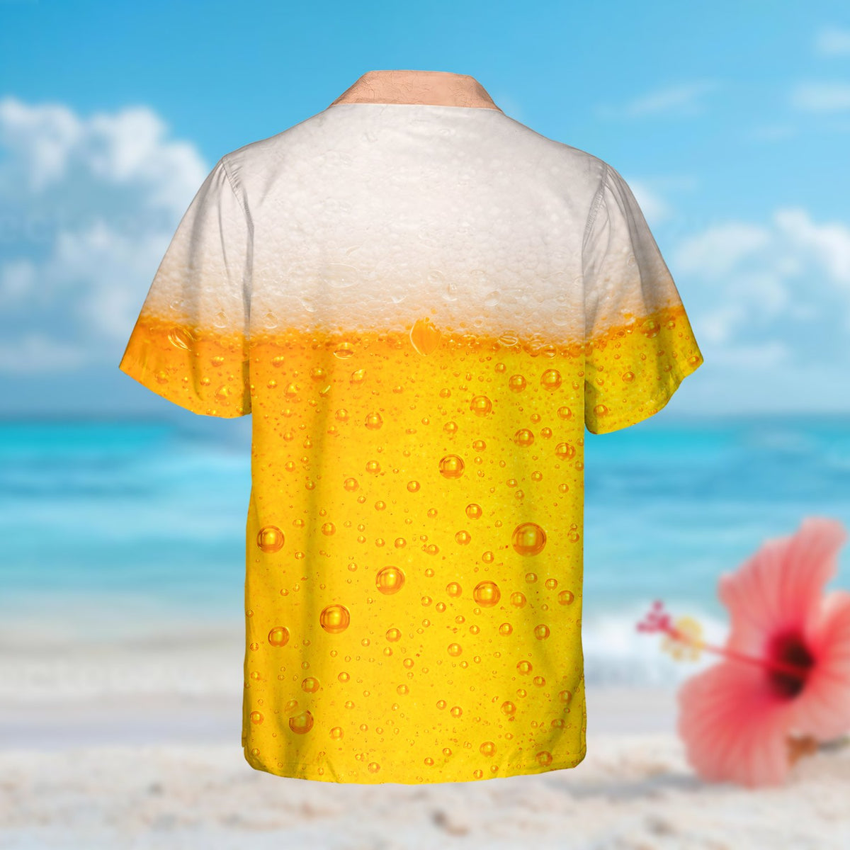 Funny hawaiian shirt featuring a hairy chest and beer illusion, front view