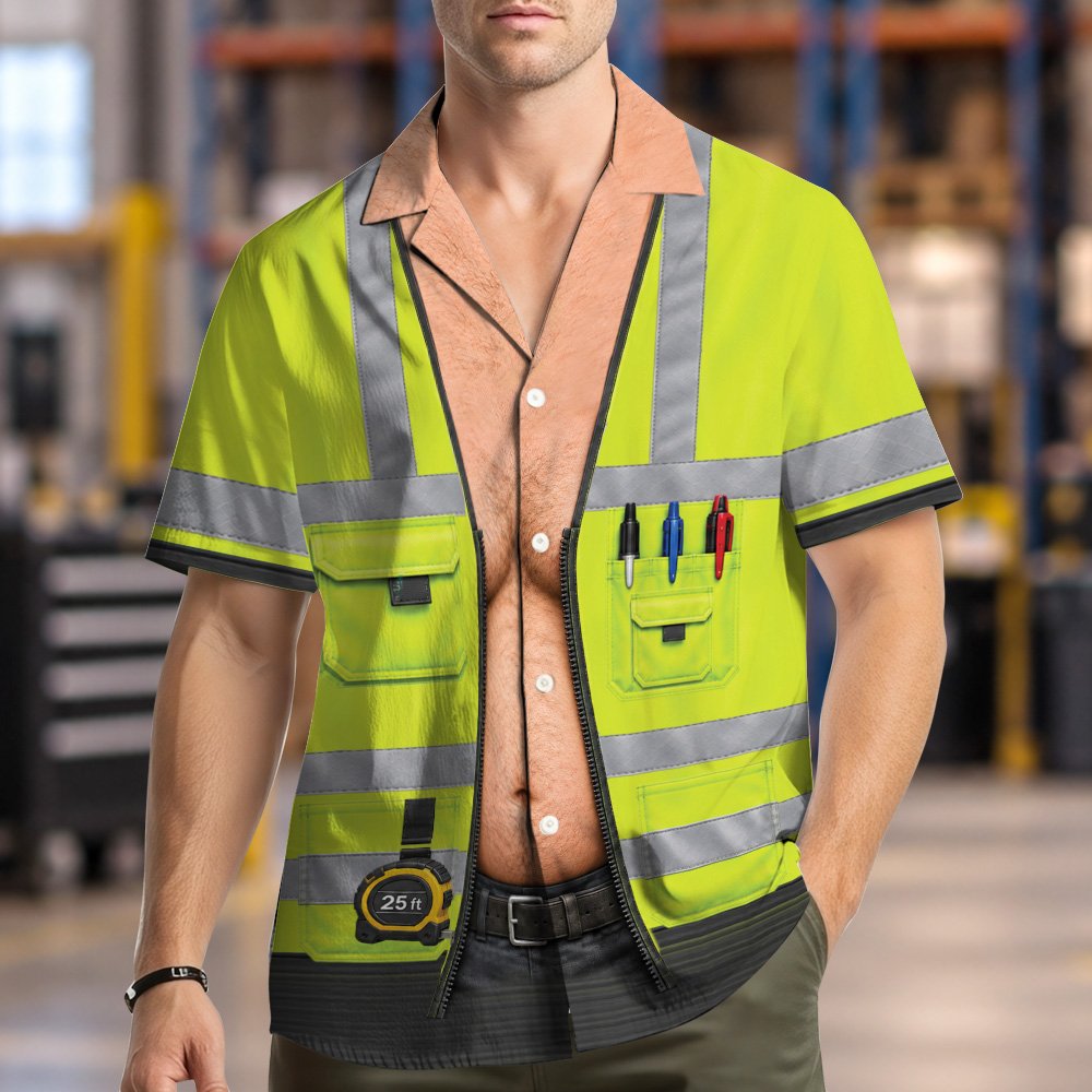 Funny christmas hawaiian shirt featuring a hairy chest and construction vest print, front view