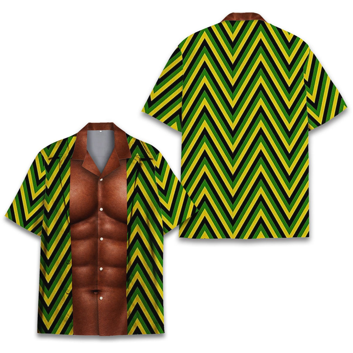 Funny hawaiian shirt with muscular chest illusion and green zigzag pattern, main view