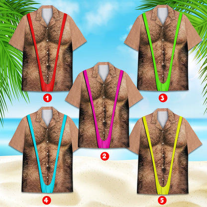 Main view of the beige funny hawaiian shirt featuring a hairy torso and mankini print