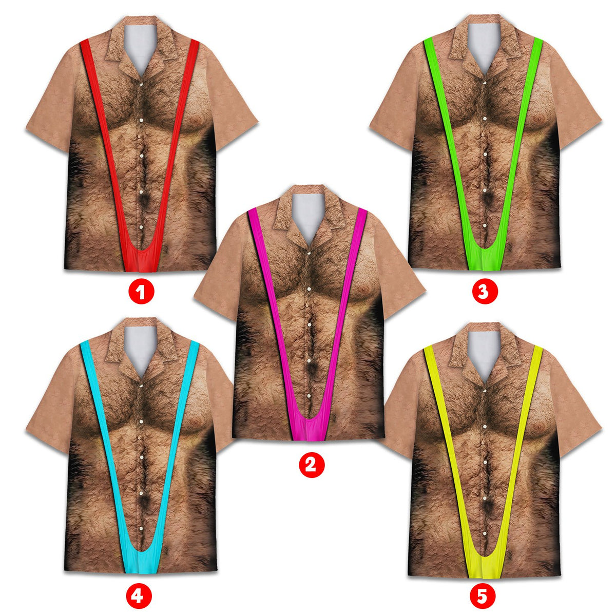 Different view angle of the mankini hawaiian shirt design