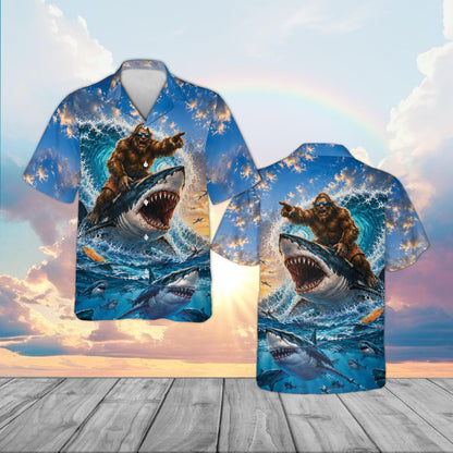Funny/novelty hawaiian shirt featuring Bigfoot riding a shark, detailed front view