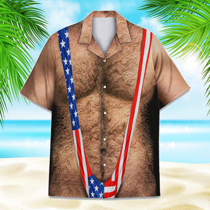 Another front view of the hairy chest mankini Hawaiian shirt