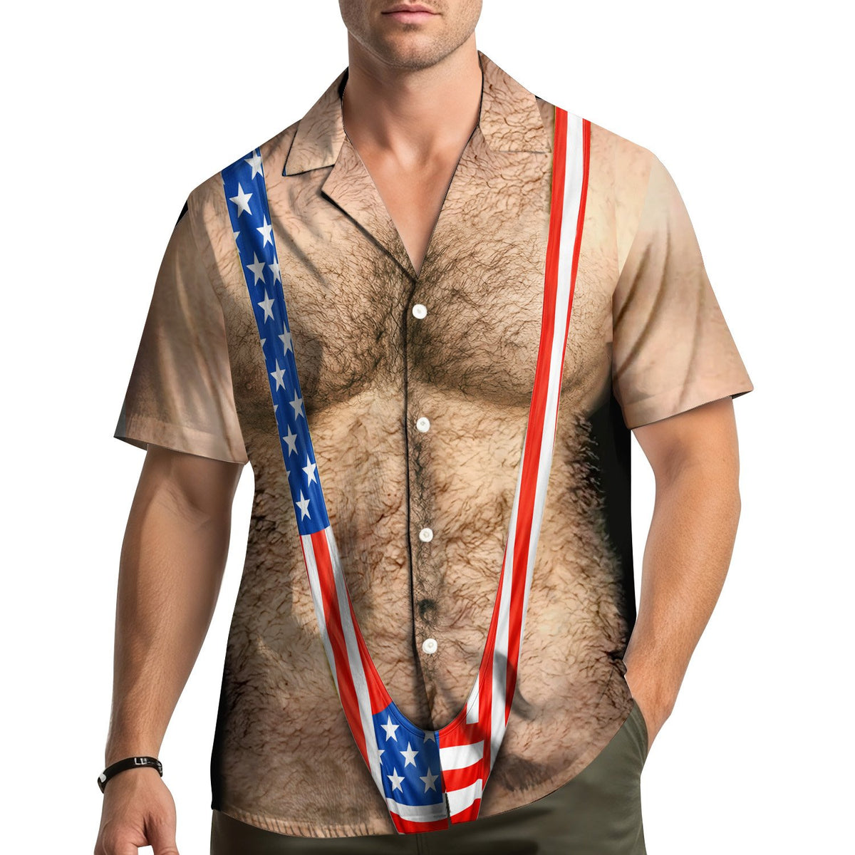 Lifestyle view of someone wearing the funny optical illusion Hawaiian shirt