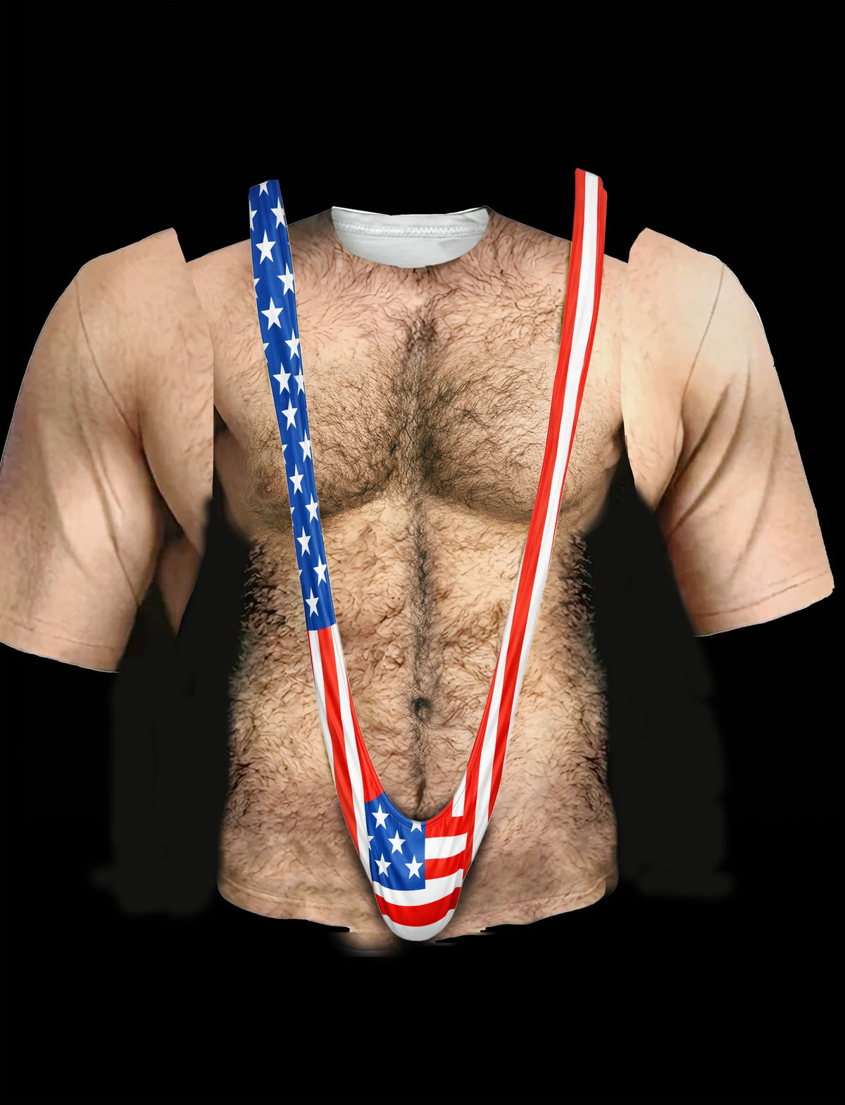 Detailed view of the hairy chest and American flag mankini design on the shirt