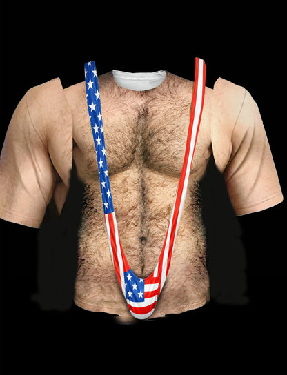 Detailed view of the hairy chest and American flag mankini design on the shirt