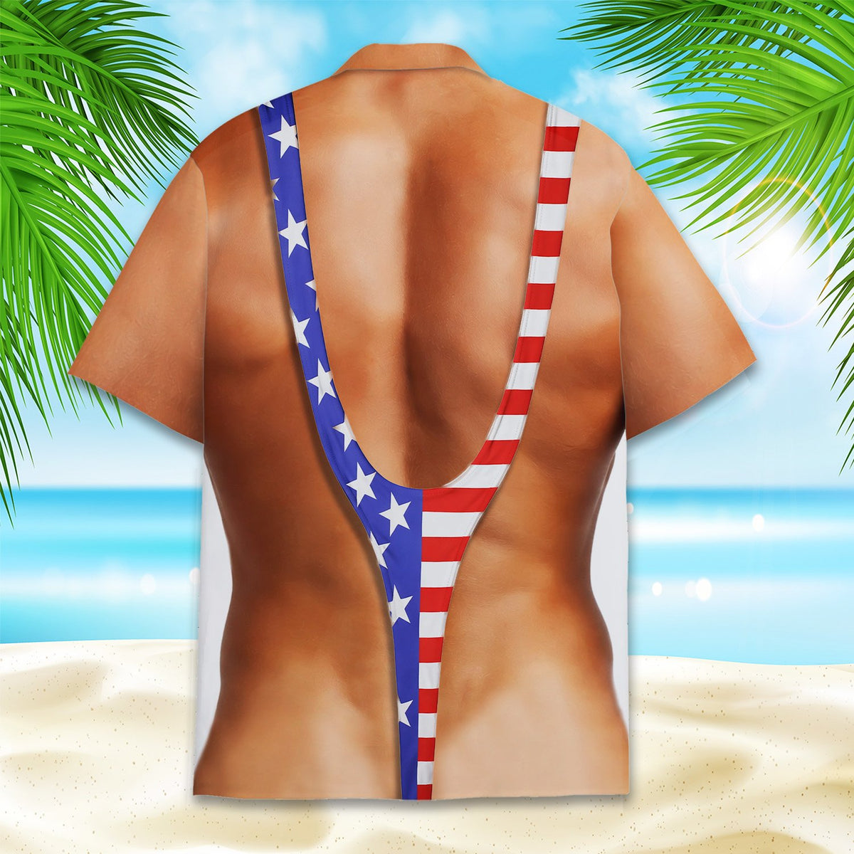 Close up back view 2 of funny patriotic hawaiian shirt
