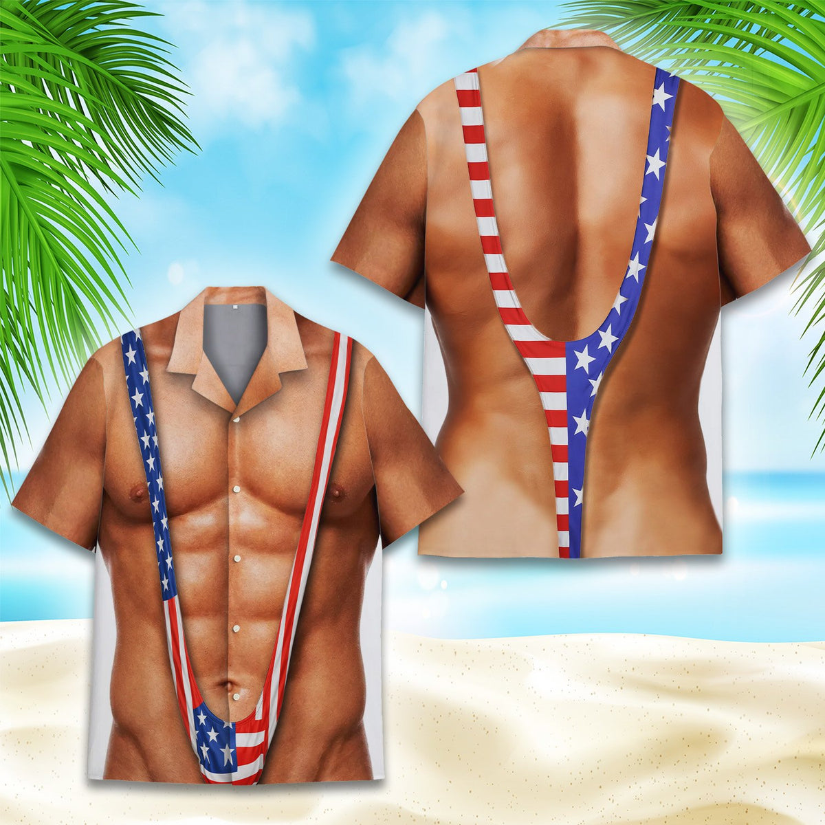 Close up front view 2 of funny patriotic hawaiian shirt