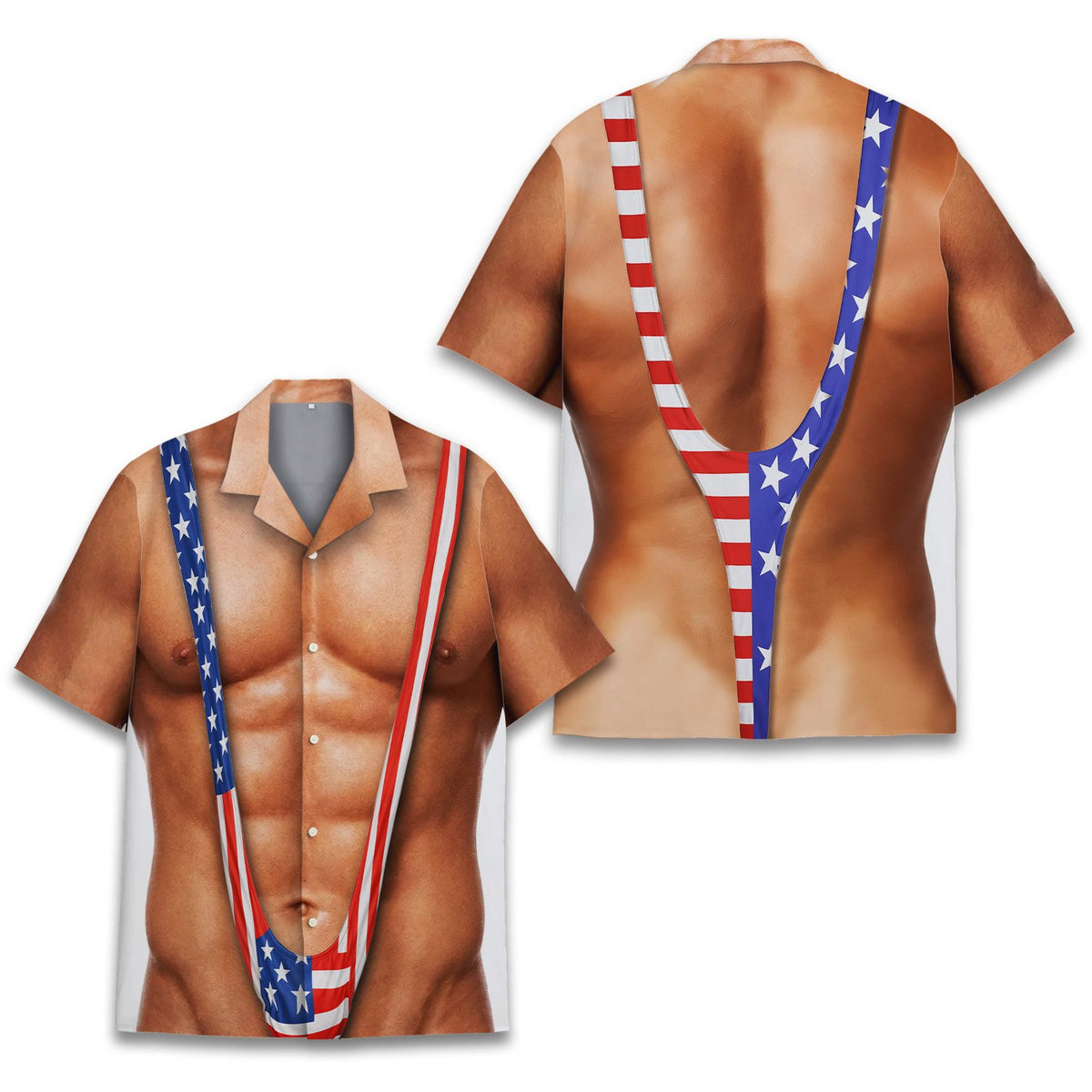 Close up front view 3 of funny patriotic hawaiian shirt