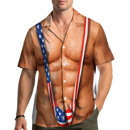 Lifestyle view of someone wearing the funny patriotic hawaiian shirt