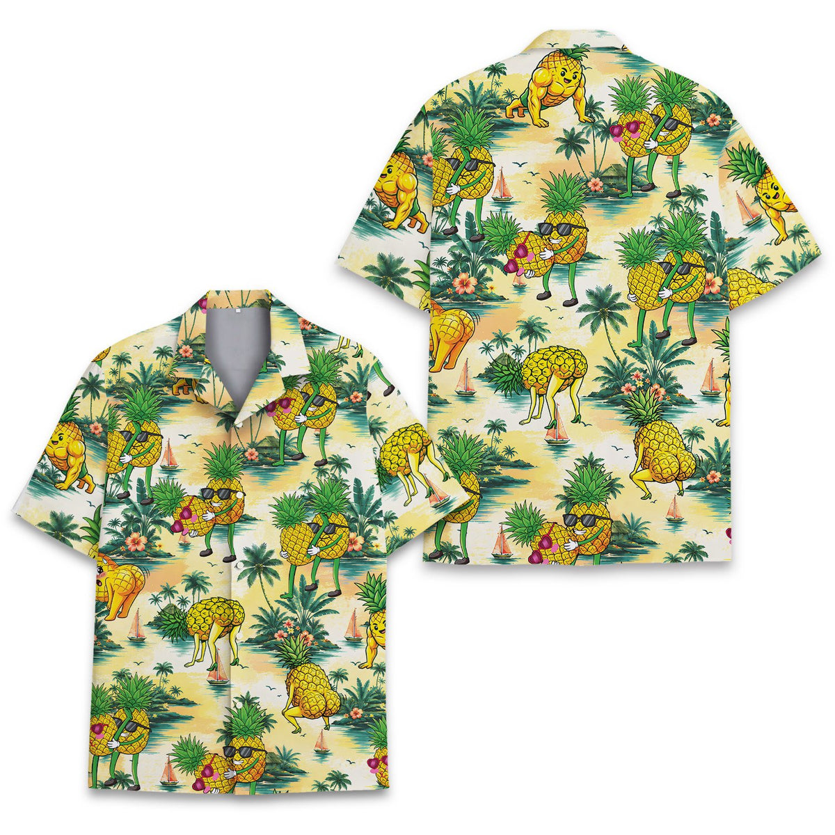 Close-up of the cartoon pineapples on the matching family hawaiian shirt