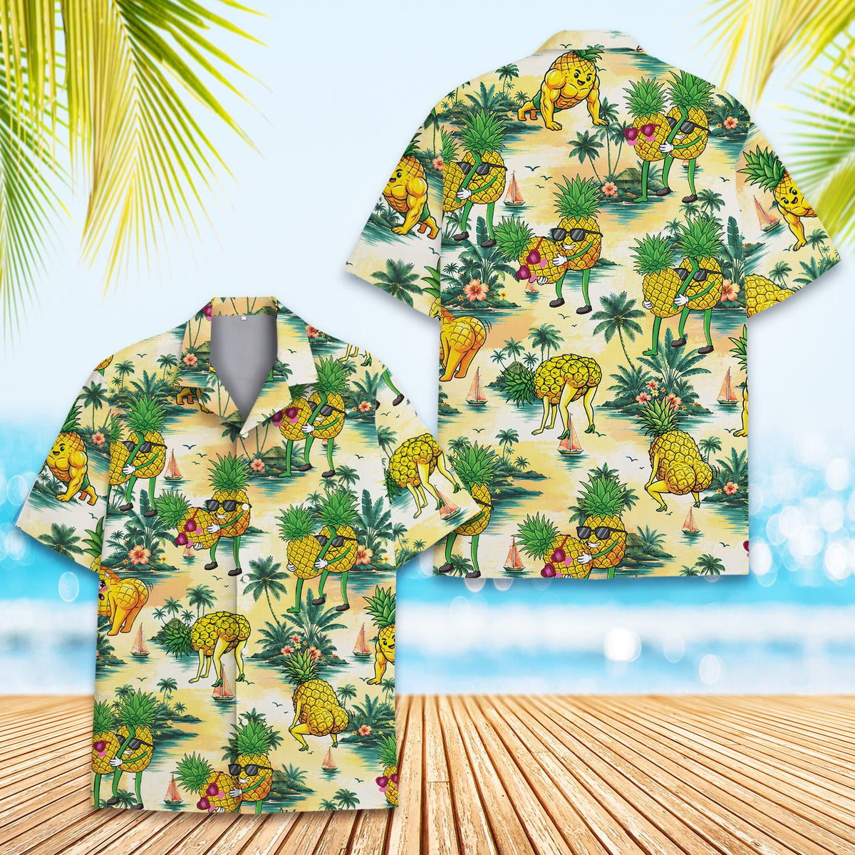 Another front view of the tropical hawaiian shirt in yellow and green